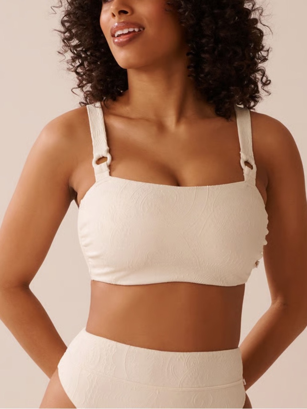La Vie En Rose Cream Textured Bandeau Bikini Top with Wide Straps D Cup